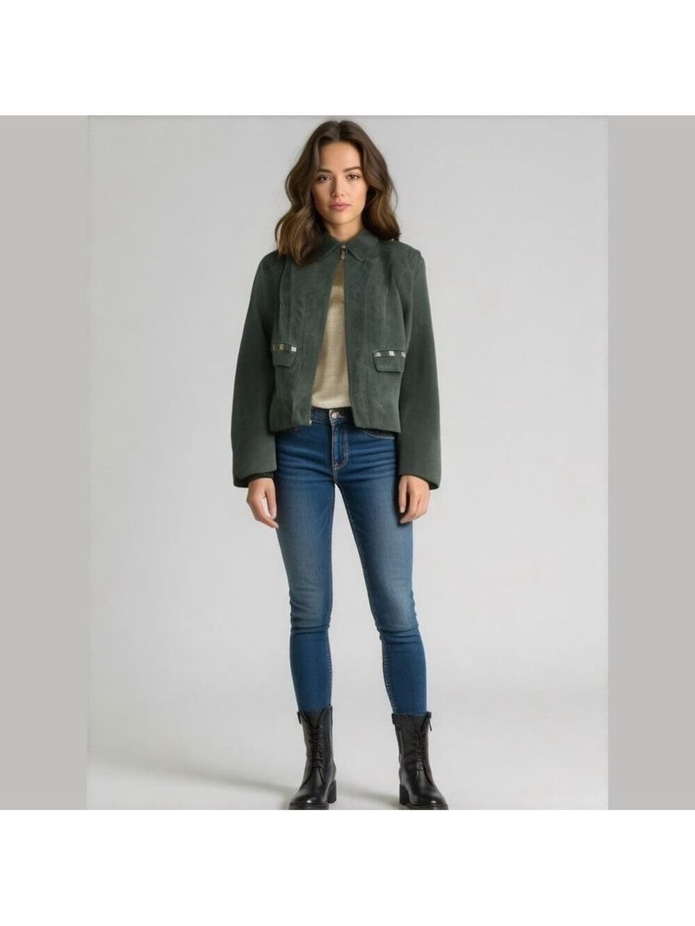 MONTANACO WOMEN'S GENUINE LEATHER (SUEDE) DARK GREEN ZIP-UP JACKET SIZE SMALL